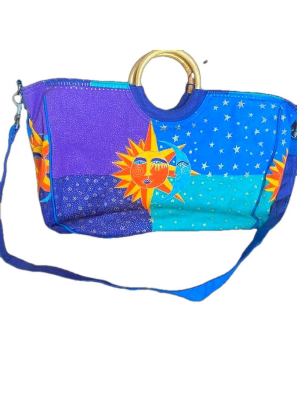 Laurel Burch Sunburst large tote bag in blue, green orange NWT rattan handles